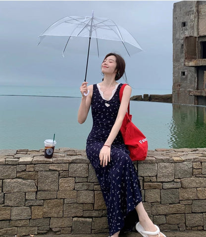 French Style Lace Hanging Neck V-Neck Floral dress Women's Summer New Waist Design Vacation Long Dress