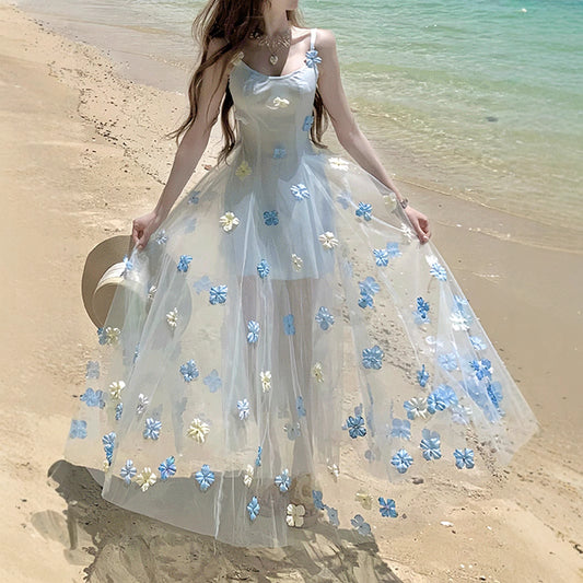 Summer New "Sea Salt Mint" French Gentle Romantic Three-dimensional Flower Elegant Blue Sling dress