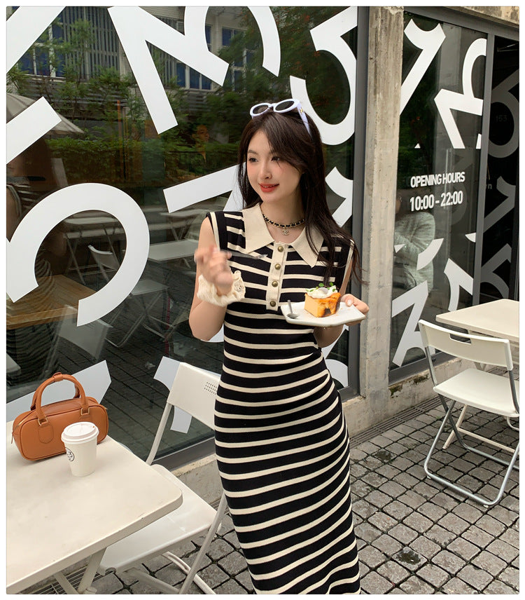 French Style High Sense Graceful Collar Striped Knitted Dress Women's 2025 Summer New Elegant Slimming Dress
