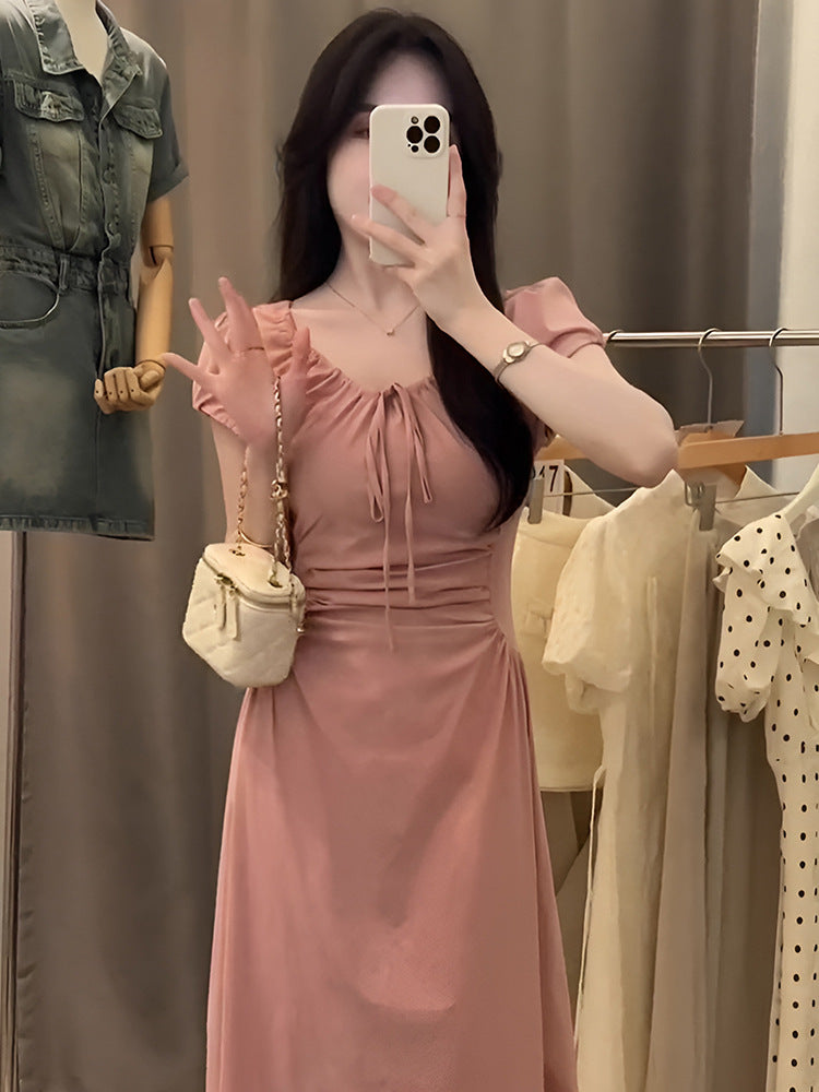 Pink puff sleeve dress women's summer sweet cinched slimming elegant tied French long dress