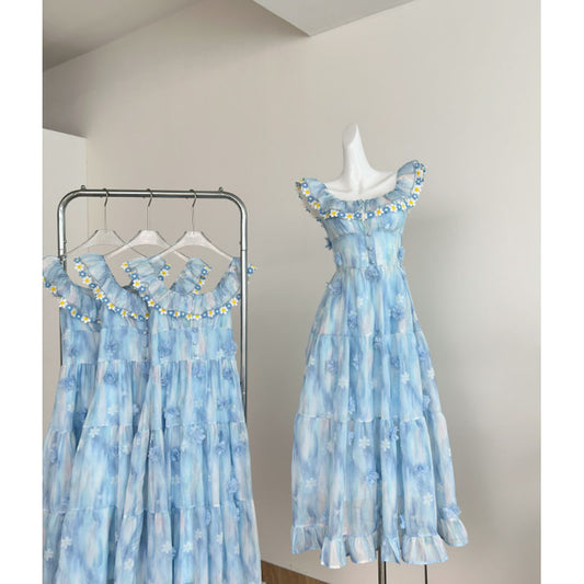 Blue Long Chiffon Printed Dress with Flutter Sleeves, French Sweet Style, Slimming Dress