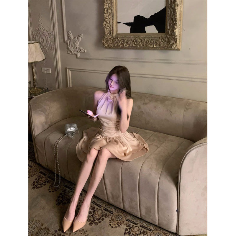 Champagne Rose French Satin Halter Slip Dress Summer Puffy Cake Dress