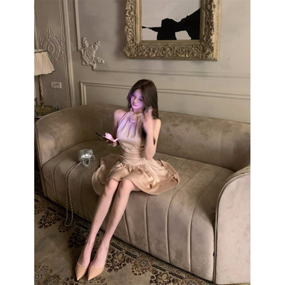 Champagne Rose French Satin Halter Slip Dress Summer Puffy Cake Dress