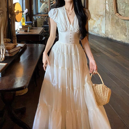 Summer V-neck Short Sleeve Waist-cinching Slimming Dress for Women with Elegant Puff Sleeves and Sweet Style