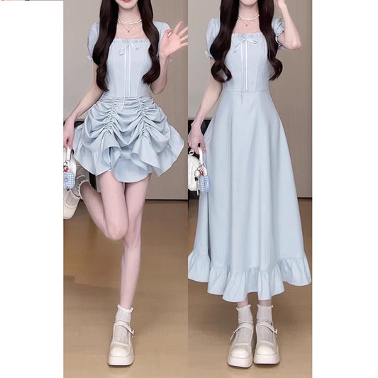 One Dress Wear More Red Cake Dress Early Summer Birthday Ancient Military Uniform French Short Sleeve Dress Waist Dress Square Collar Pleating