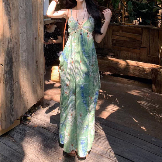 Heartbeat Light Spring Style Outfit Spaghetti Strap Dress V-neck Print Design Vacation Style Long Dress