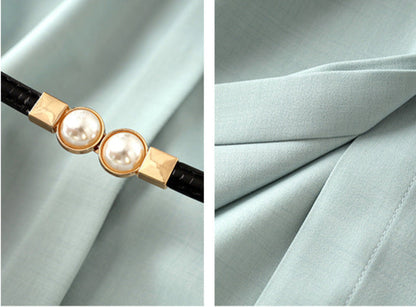 Polo Collar Contrast Color Braid Shoulder Sleeve Single Row Hidden Hook Waist Slimming Dress