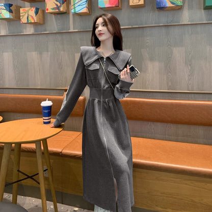 Gray Sweatshirt Dress for Women, Spring and Autumn Fashionable and Stylish, Youthful and Elegant Turn-down Collar Casual Dress