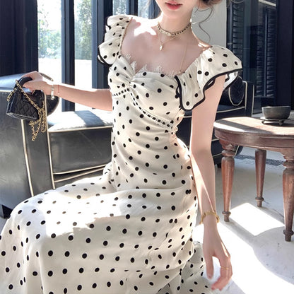 Long Black and White Polka Dot Waist-Cinching Strap Dress Vintage Elegant Slim Dress