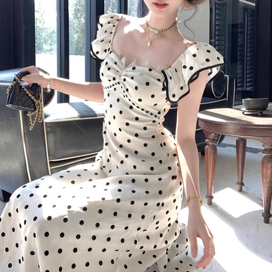 Long Black and White Polka Dot Waist-Cinching Strap Dress Vintage Elegant Slim Dress