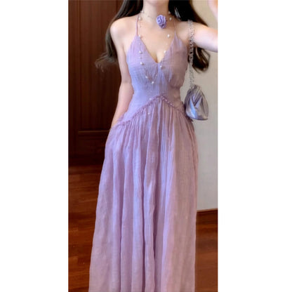 French-style Purple Halter Neck Strap Beach Vacation Elegant Beach Dress