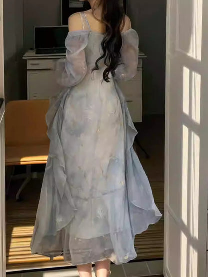 Elegant Gray Blue Gradient Fairy Butterfly Ruffle Long Sleeve Dress for Women