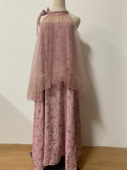 Light Raspberry Powder Jacquard Mesh Halter Fake Two Pieces Dress High Sense Morning Gowns Sleeveless Skirt