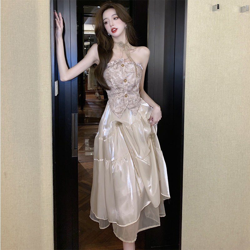 Luxury Women's Party Dress Fashion Designer Summer Temperament Sexy Sleeveless Organza Patchwork Floral Prom Long Vestidos