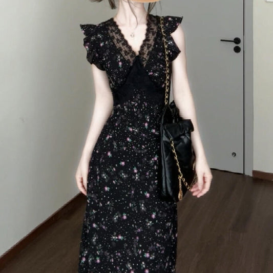 Black Lace Patchwork Floral Dress Vacation Style French Elegant Unique Beautiful Waist-Cinching Long Dress