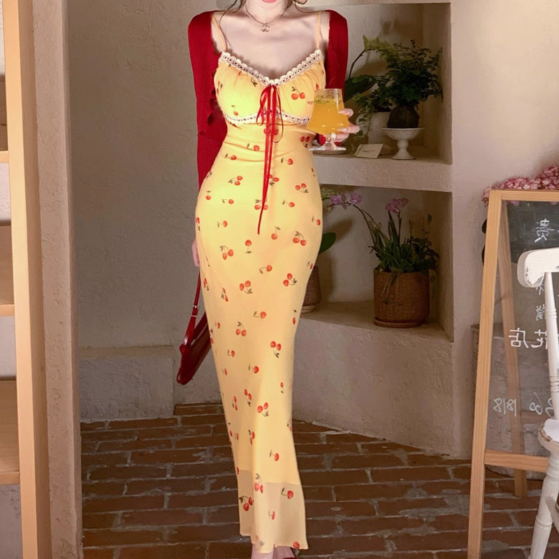 [Cherry Honey Brew] 2 Versions Summer Beach Vacation Style Lace Trim Little Cherry Floral Dress 2025