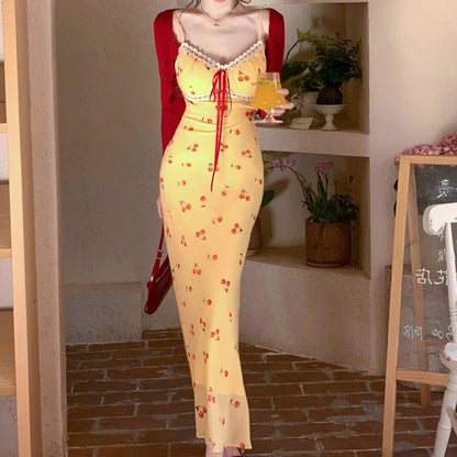 [Cherry Honey Brew] 2 Versions Summer Beach Vacation Style Lace Trim Little Cherry Floral Dress 2025