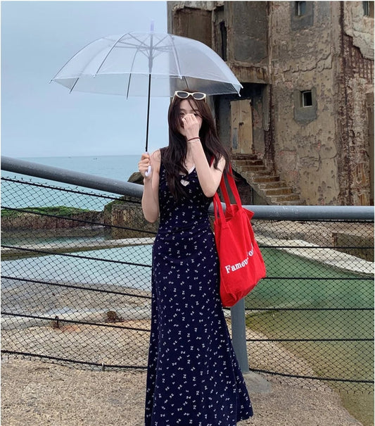 French Style Lace Hanging Neck V-Neck Floral dress Women's Summer New Waist Design Vacation Long Dress