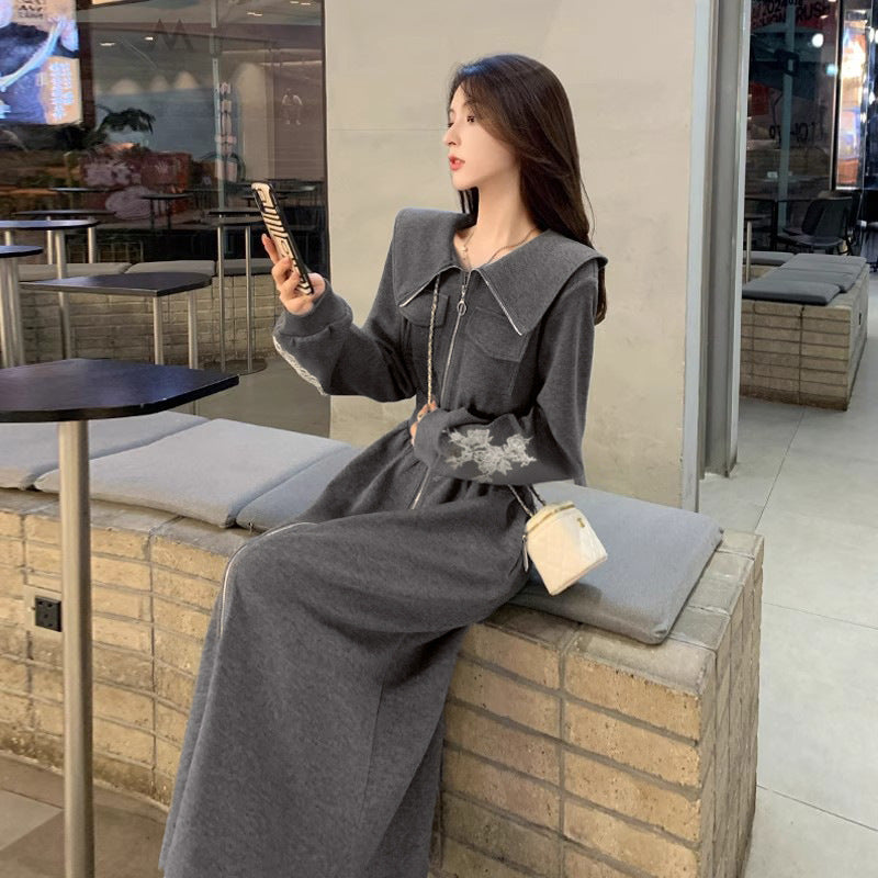 Gray Sweatshirt Dress for Women, Spring and Autumn Fashionable and Stylish, Youthful and Elegant Turn-down Collar Casual Dress