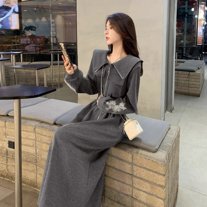 Gray Sweatshirt Dress for Women, Spring and Autumn Fashionable and Stylish, Youthful and Elegant Turn-down Collar Casual Dress