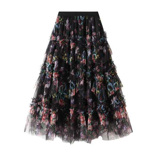 Stitching Color Flower Mesh Skirt Spring French Style Temperament Cake Dress