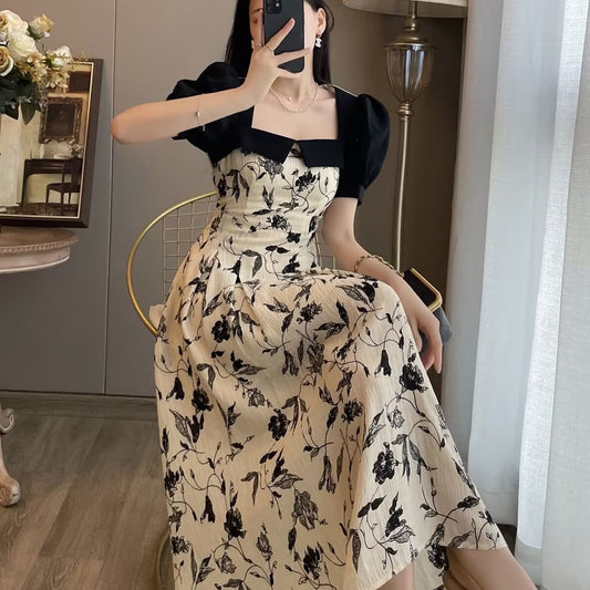 Pure Desire Style Slimming Stitching Floral Skirt Women's Summer Square Collar Bubble Sleeve A- line dress