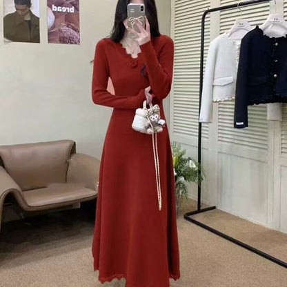 Autumn Winter New Gentle Waist Slimming Inner Wear Over-the-Knee Long Skirt Lace Edge Floral Knitted Dress for Women