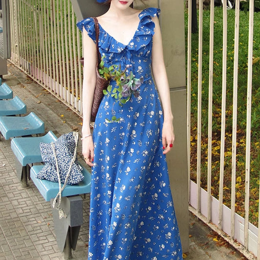 Klein Blue Romantic Floral Tie Dress That Enhances Fair Skin