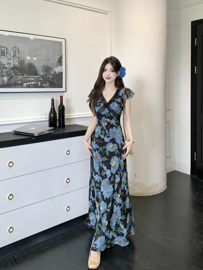 Plus Size Women's Summer Vacation Style Lace Elegant V-Neck Small Flutter Sleeve Rose Print Dress