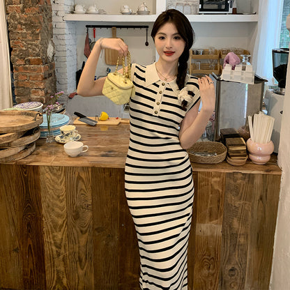 French Style High Sense Graceful Collar Striped Knitted Dress Women's 2025 Summer New Elegant Slimming Dress