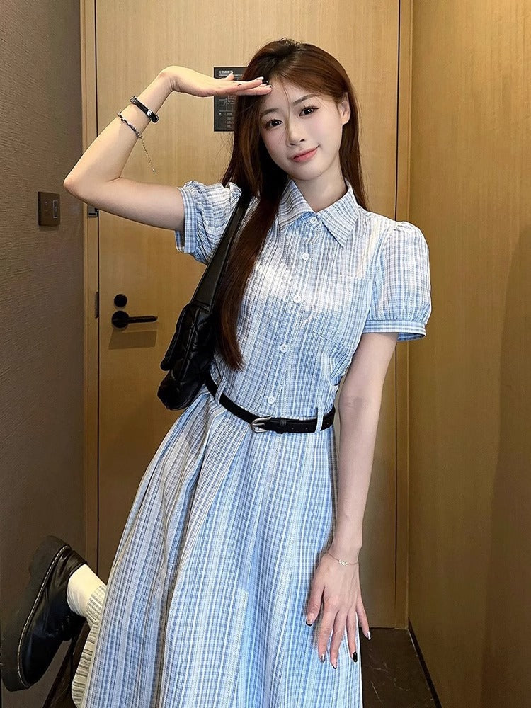 French Style Elegant Blue Color Super Beautiful Slimming Summer2025New style shirt dress