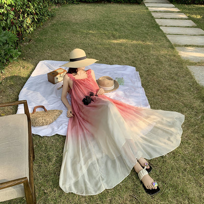 Beach Dress Sanya Vacation Strap Long Dress Pink Gradient Chiffon Dress Super Fairy