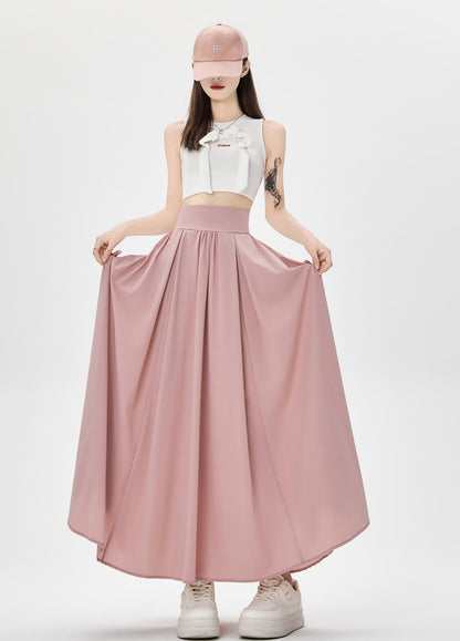 Women's Summer High Waist Maxi Skirt Korean Fashion Pockets Casual Sweet Long A-line Skirts Plain White Black Pink