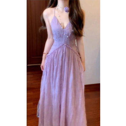French-style Purple Halter Neck Strap Beach Vacation Elegant Beach Dress