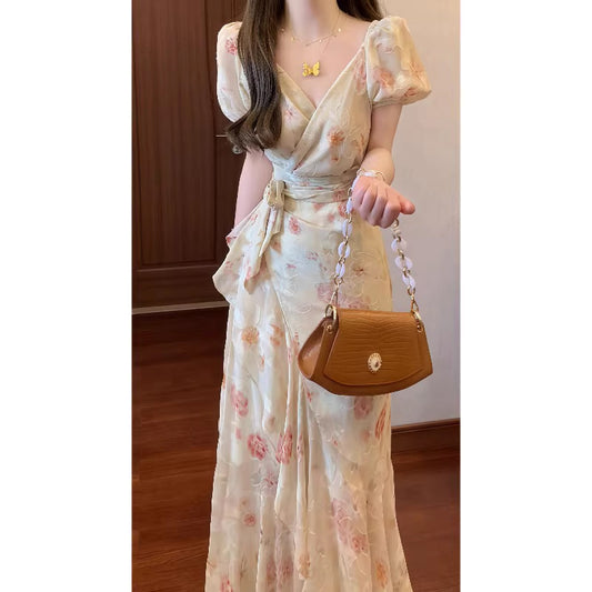 Summer French Romantic One-Piece Tie Printed Dress with Ruffled Hem Elegant Long Dress