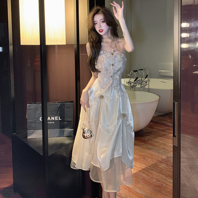 Luxury Women's Party Dress Fashion Designer Summer Temperament Sexy Sleeveless Organza Patchwork Floral Prom Long Vestidos