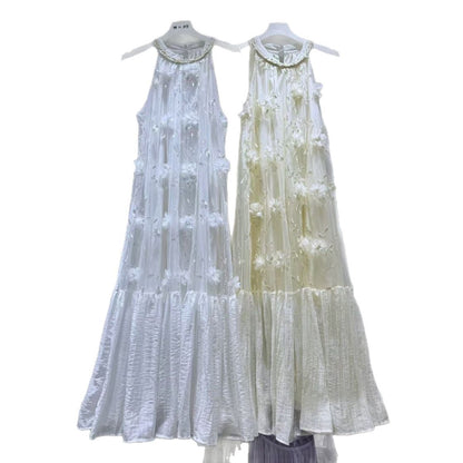 Lace Embroidered Vest Patchwork Long Sleeveless Fake Two-Piece Halter Dress