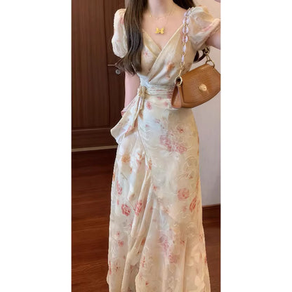 Summer French Romantic One-Piece Tie Printed Dress with Ruffled Hem Elegant Long Dress