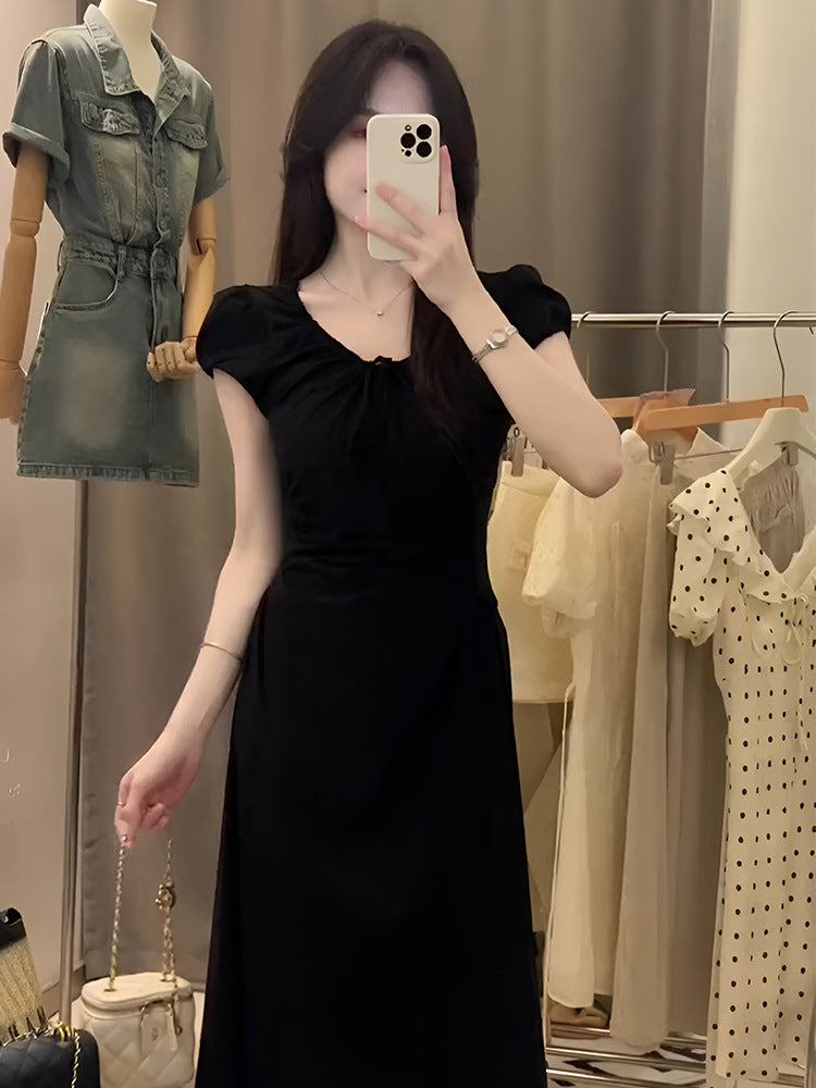 Pink puff sleeve dress women's summer sweet cinched slimming elegant tied French long dress