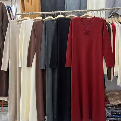 Autumn Winter New Gentle Waist Slimming Inner Wear Over-the-Knee Long Skirt Lace Edge Floral Knitted Dress for Women