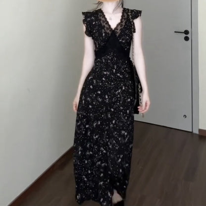 Black Lace Patchwork Floral Dress Vacation Style French Elegant Unique Beautiful Waist-Cinching Long Dress