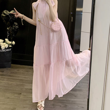 Elegant French Style Neck Hanging dress Bow Design Sense Salt Sweet Age-reducing Super Fairy Long Dress for Children