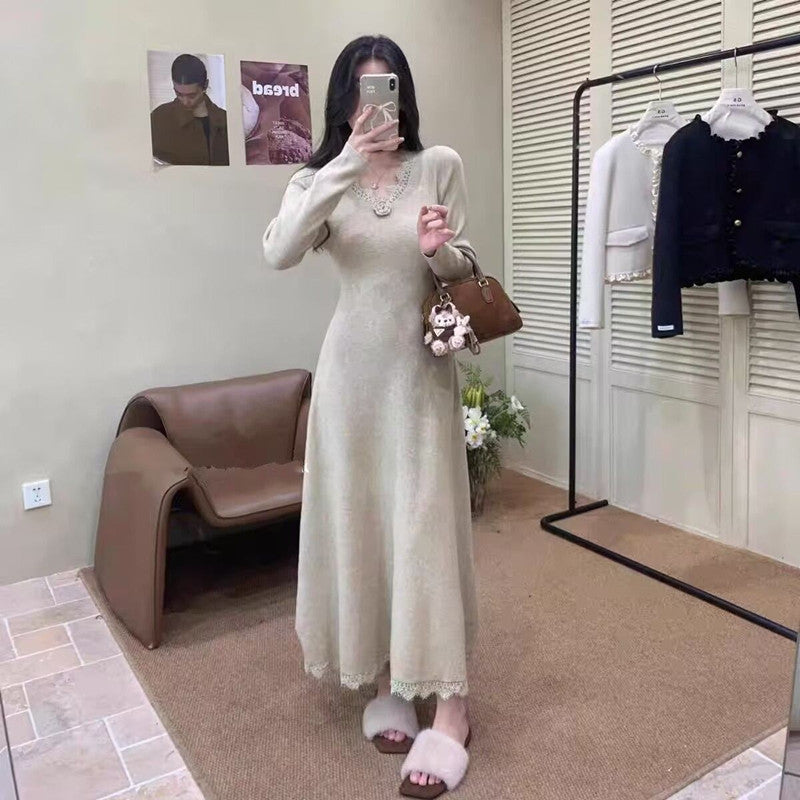 Autumn Winter New Gentle Waist Slimming Inner Wear Over-the-Knee Long Skirt Lace Edge Floral Knitted Dress for Women