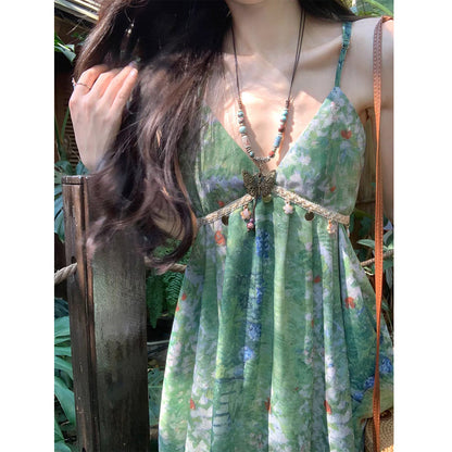 Heartbeat Light Spring Style Outfit Spaghetti Strap Dress V-neck Print Design Vacation Style Long Dress