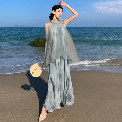 Light Raspberry Powder Jacquard Mesh Halter Fake Two Pieces Dress High Sense Morning Gowns Sleeveless Skirt