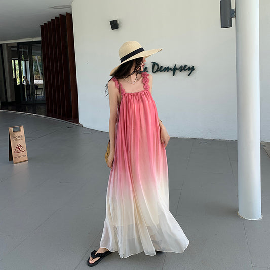 Beach Dress Sanya Vacation Strap Long Dress Pink Gradient Chiffon Dress Super Fairy