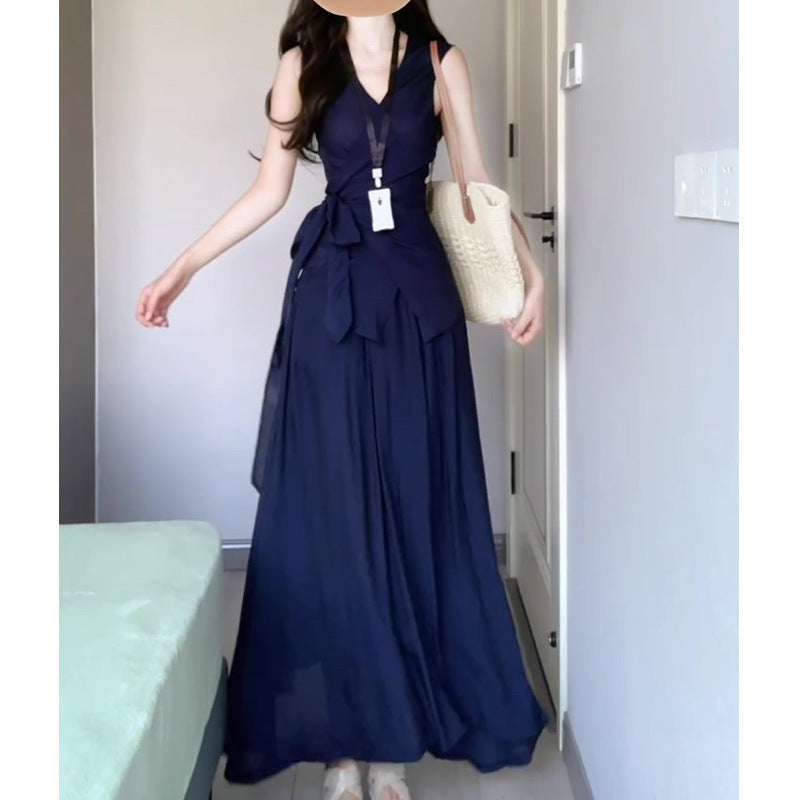 French Style Elegant Fashion Age-Reducing Sleeveless Tie Top with High-Waisted Skirt Two-Piece Set for Women