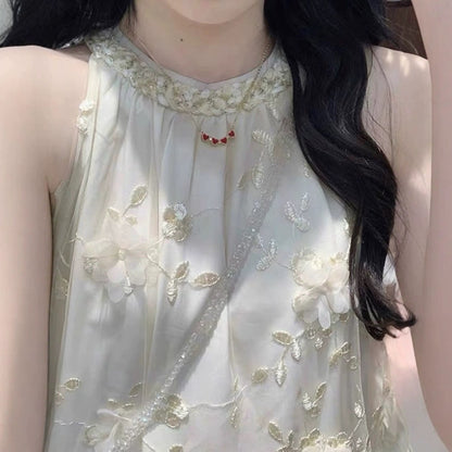 Lace Embroidered Vest Patchwork Long Sleeveless Fake Two-Piece Halter Dress