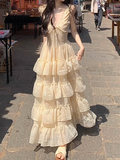 Heavy Craft V-neck Strap Dress for Women, Waist-cinching Slimming Long Dress