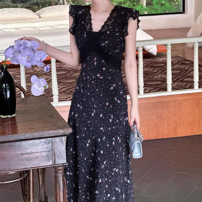 Black Lace Patchwork Floral Dress Vacation Style French Elegant Unique Beautiful Waist-Cinching Long Dress
